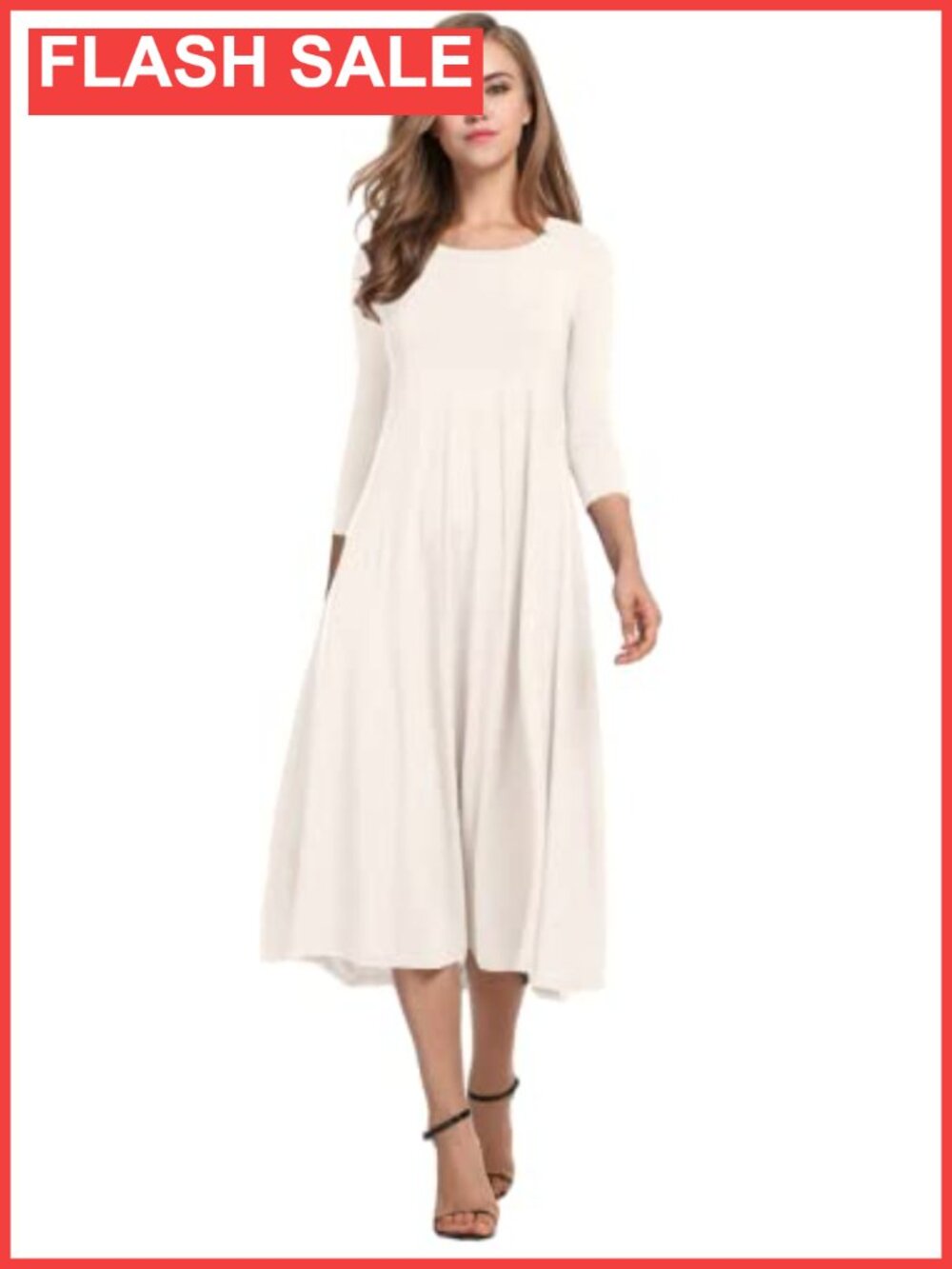 A-Line Flare Midi Dress 3/4 Sleeve Swing Hem Pleated T-Shirt Dress